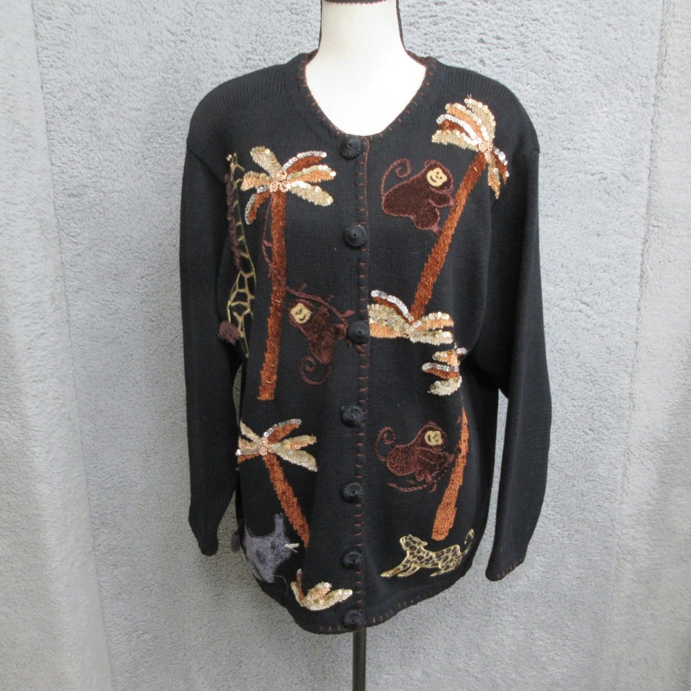 Vtg Victoria Woman Cardigan Sweater Women 1X Black Safari Animal Sequin Novelty